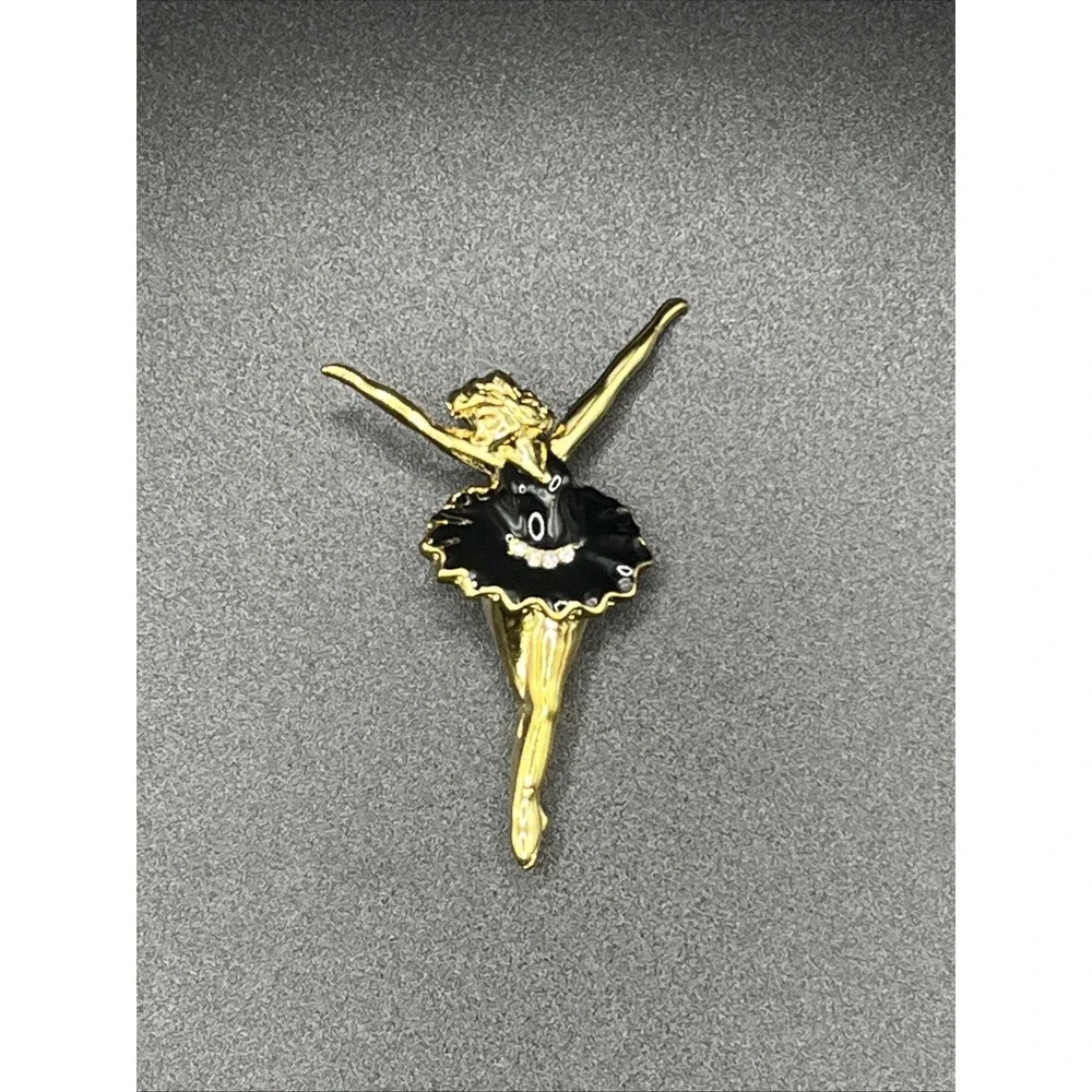Ballerina Pin Brooch Gold-Tone & Black w/ Rhinestone 2